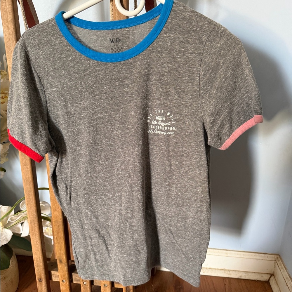 Vans Kids Gray Tee with Blue, Red, and Pink Trim